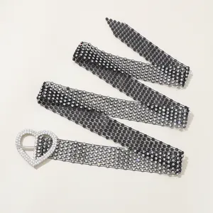 Black mesh rhinestone belt with heart buckle, sexy luxury waist chain for women fashion accessories.