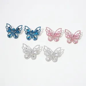 Close-up view of sparkling rhinestone butterfly earrings in multiple vibrant colors for women.