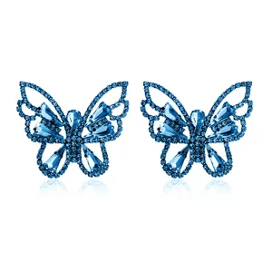 Stunning blue rhinestone butterfly earrings detailed close up sparkling crystal studs