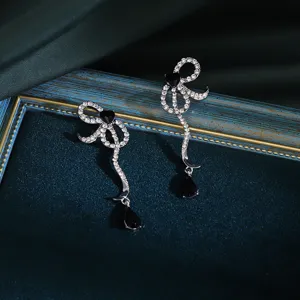 Pendientes de Botón Largos de Aleación de Zinc Vintage Con Strass Lazo Poste de Plata de Ley 925 Elegantes Pendientes Colgantes Geométricos para Mujer Fiesta Joyería Regalo