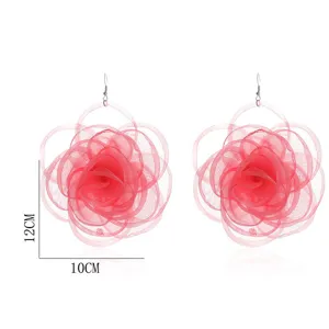 Oversized Chiffon Rose Flower Drop Earrings Red Camellia Long Dangle Fashion Jewelry For Women