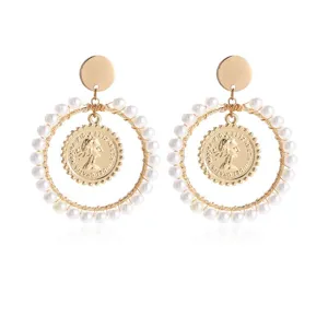 Vintage Gouden Munt Parel Oorringen Elegante Geometrie Drop Oorringen Voor Dames Sieraden