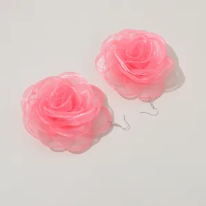 Pink sheer chiffon rose earrings, large statement flower drop earrings for women.