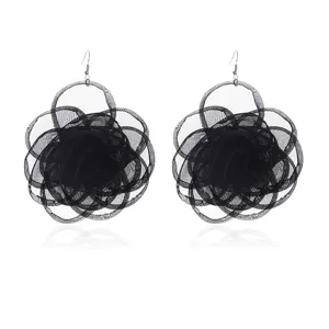 Large black mesh flower earrings vintage camellia statement dangle earrings for women