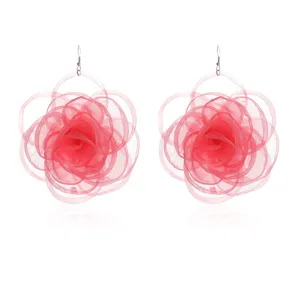 Exaggerated pink chiffon rose flower earrings, lightweight fabric floral drop design for women.