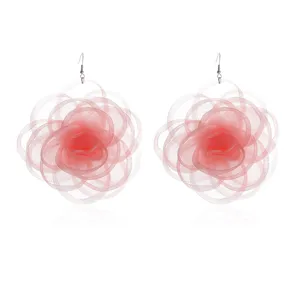 Oversized pink chiffon rose flower dangle earrings for women fashion statement jewelry