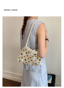 Bohemian wax rope woven shoulder bag with colorful beads, perfect for beach vacation and daily use.