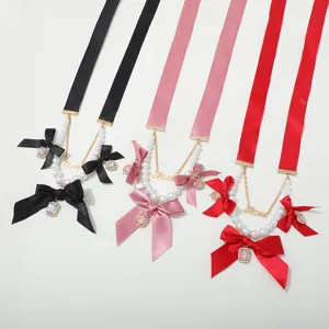 Vintage Alloy Ribbon Bowknot Artificial Pearl Necklace Heart Rhinestone Love Pendant Layered Chain Exquisite Choker Women Fashion Jewelry Gift