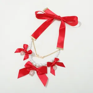 European retro red bow pearl necklace exquisite fashion sweet clavicle chain for women