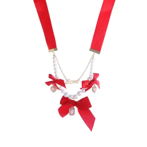 Chic red ribbon pearl layered necklace with cute bows and heart crystal pendants for sweet style.