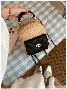 Korean fashion quilted straw mini backpack, casual stylish chain travel bag for women.