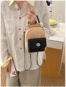 Mini straw backpack women chain shoulder bag casual quilted flap daypack travel purse