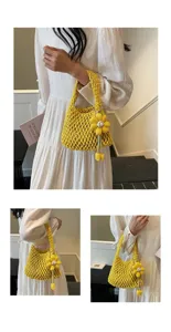 Stylish yellow cotton woven handbag for women, hollow mesh beach tote with cute flower pendant.