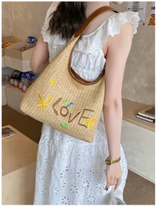 Borsa a spalla in paglia estiva da donna, elegante borsa a mano intrecciata con ricamo e tracolla PU.