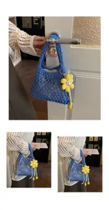 Blue crochet mesh handbag for women, stylish hollow knit tote beach bag with flower charm.