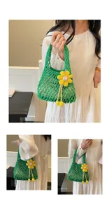 Green crochet mesh handbag with cute yellow flower pendant, stylish casual beach tote bag.