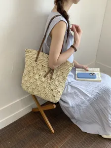 Γυναικεία Ψάθινη Πλεκτή Τσάντα Tote Mori Girl Διάτρητη με Βελονάκι Ώμου Τσάντα Παραλίας Πλεκτή στο Χέρι Μεγάλη Καλοκαιρινή Τσάντα Διακοπών Με Μαγνητικό Κούμπωμα