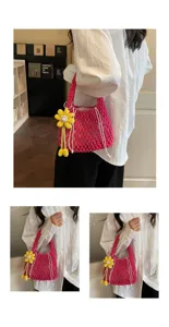 Pink crochet net tote bag with cute yellow flower charm, handmade hollow knit beach handbag.