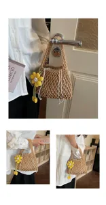 Chic cotton mesh woven handbag with cute yellow flower pendant, perfect summer beach tote bag for women.