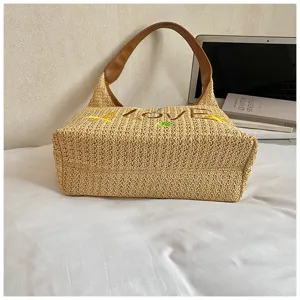 Borsa a spalla intrecciata in paglia da spiaggia estiva da donna con ricamo di lettere
