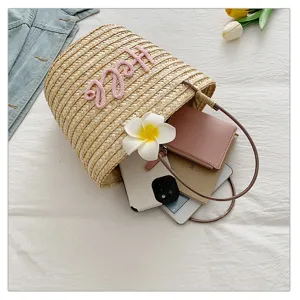 Woven straw bucket bag for women fashion handbag summer beach shoulder bag casual style