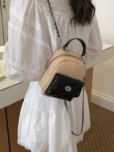 Women Woven Straw PU Leather Patchwork Backpack Quilted Diamond Pattern Chain Shoulder Straps Medium Casual Travel Mini Rucksack