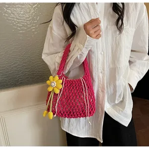 Candy color cotton woven hollow net handbag stylish beach vacation bag detail view