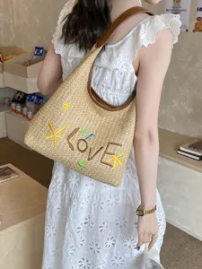 Borsa Shopping di Paglia da Donna Intrecciata Spalla Borsa da Ascella Ricamata Lettera Stella Grande Capacità Spiaggia Vacanza Uso Quotidiano Viaggio Borsa Hobo