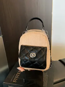 Korean fashion mini straw backpack with black quilted leather pocket and chic chain strap casual