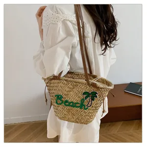 Sac à main en paille tressée avec broderie plage, sac cabas élégant pour vacances d'été.