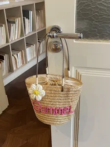 Ψυχαγωγική γυναικεία ψάθινη τσάντα παραλίας, καλοκαιρινή τσάντα ώμου με λουλούδι.