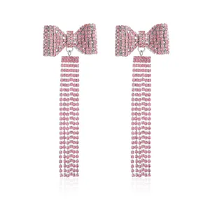 Pink rhinestone bow tassel earrings, sparkling long Y2K crystal drop earrings for women.