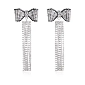 Rhinestone bow tassel earrings, sparkling crystal drop jewelry for women daily party wear.