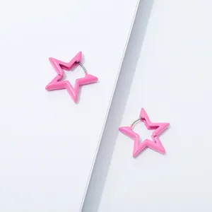 Pink star hoop earrings, chic hollow geometric design, delicate zinc alloy jewelry for women.
