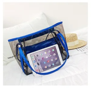 Clear PVC tote bag detail, transparent jelly material featuring stylish blue straps.
