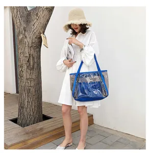 Clear jelly shoulder bag, transparent PVC beach tote with blue trim for casual daily use.