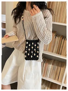 Boho bohemian crochet beaded phone bag wax rope woven beach crossbody bag detail view