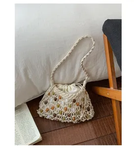Bohemian woven shoulder bag with colorful beads, perfect for beach vacation and daily use.