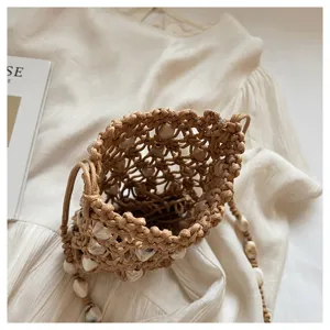 Bohemian hollow beaded phone bag, wax rope woven straw crossbody beach bag for women