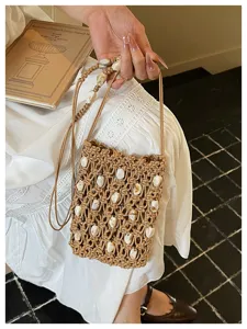 Bohemian hollow out beaded mobile phone bag summer beach vacation wax rope woven crossbody bag