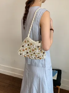 Bohemian Wax Rope Woven Beaded Shoulder Bag For Women Beach Vacation Handwoven Drawstring Bucket Bag With Colorful Beads