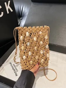 Bohemian Handmade Woven Wax Cord Phone Bag Beaded Hollow Out Crossbody Bag Vacation Beach Straw Shoulder Bag For Women Jewelry Accents Mini Handbag