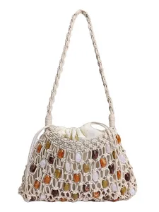 Bohemian woven beaded shoulder bag for women summer beach holiday straw handbag chic style