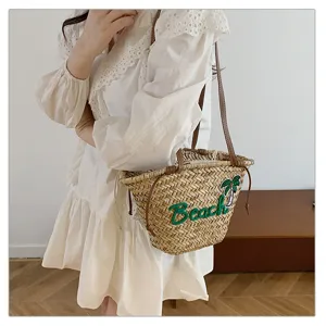 Sac à bandoulière tissé en paille pour femme, sac à main de vacances d'été avec broderie plage.