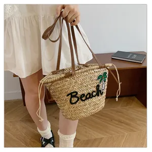 Sac bandoulière en paille tissée cabas décontracté vacances plage avec broderie mignonne.