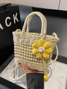 Geweven strooien handtas voor dames, schattig bloemenhangerontwerp, casual strand crossbody tas.