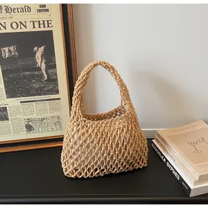 Cotton rope woven handbag hollow net tote bag casual beach resort style detail view