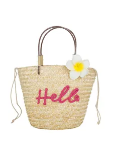 Sweet straw woven tote bag for women, summer beach handbag with cute pink hello and white flower.
