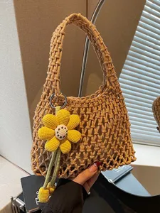 Women Sweet Fresh Cotton Cord Hand-Woven Hollow Out Net Mesh Tote Bag Drawstring Bucket Sand Beach Holiday Casual Handbag
