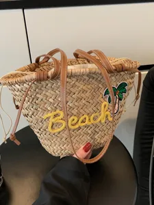Sac Fourre-Tout en Paille Tissé pour Femmes Grande Capacité Sac à Main Épaule Plage Vacances Seau Avec Cordon Supérieur Pour Voyage Quotidien